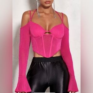 Shoulder Flounce Sleeve Asymmetrical Hem Glitter Top- Brand New